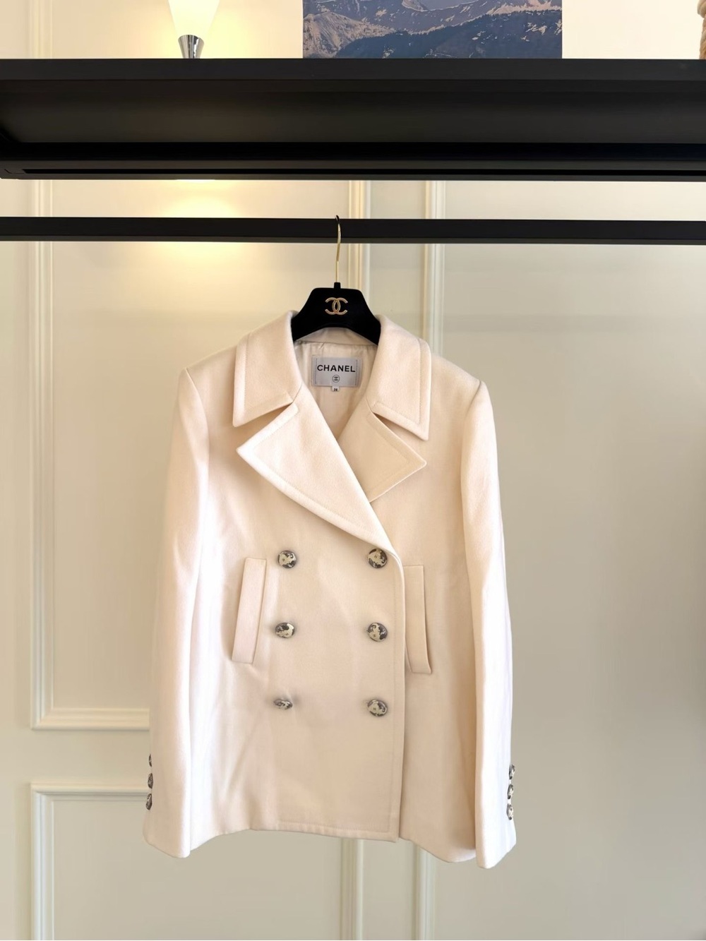 CHANEL Cream Double-Breasted Wool Pea Coat